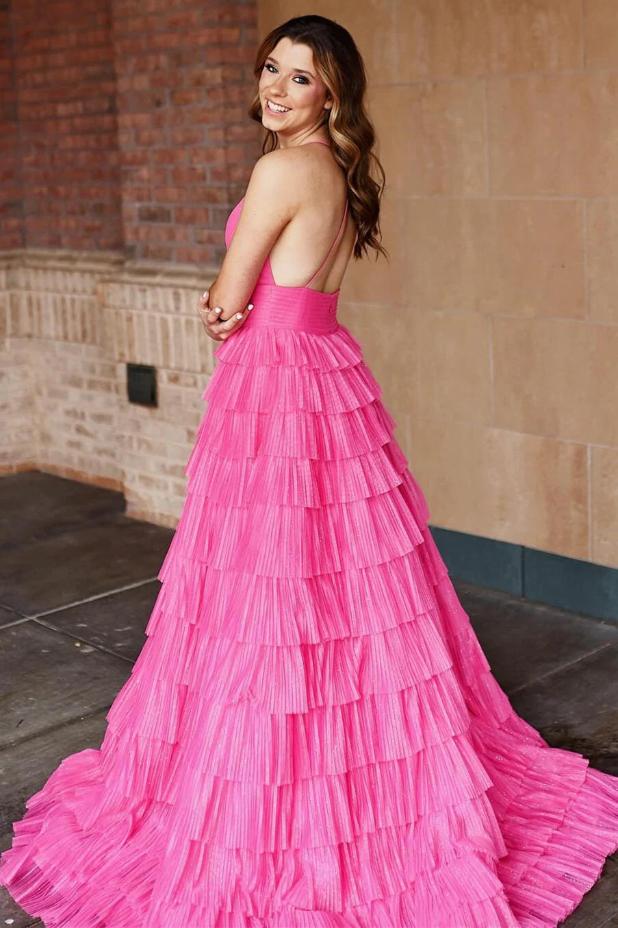 Whimsical A-Line Halter-Neck Tiered Pleated Floor-Length Prom Dress