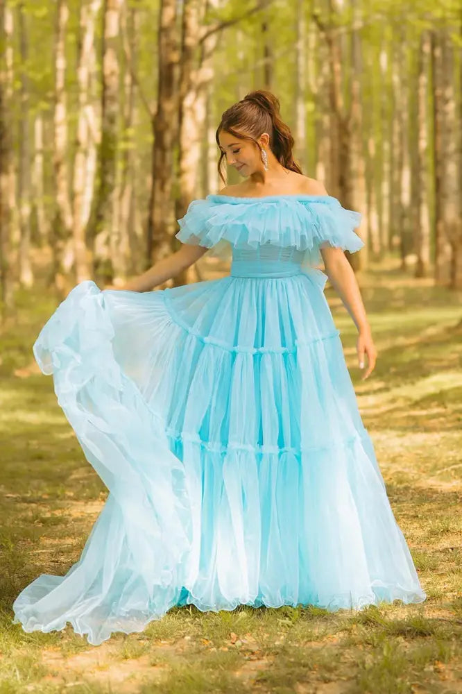 Whimsical A-Line Off-the-Shoulder Sleeveless Open Back Tiered Floor Length Prom Dress
