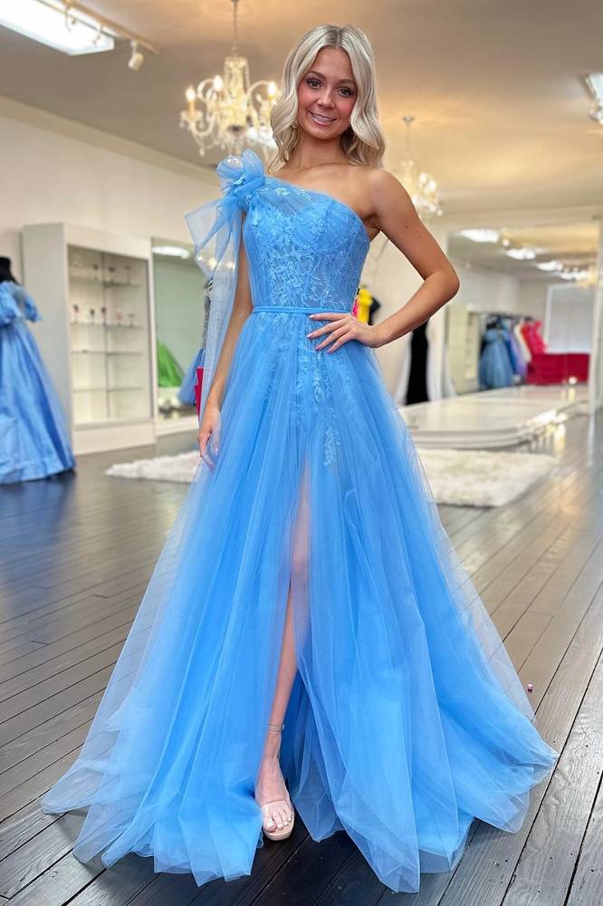 Whimsical A-Line One-Shoulder Sleeveless Bow-Detailed Slit Floor-Length Prom Dress