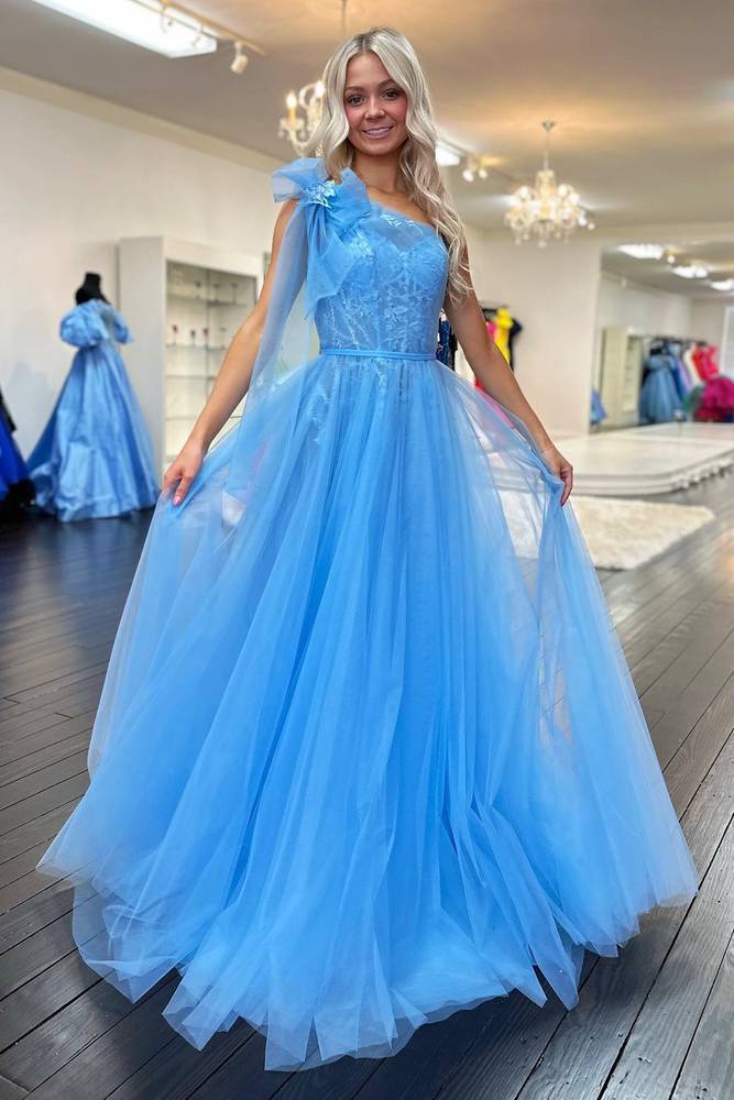 Whimsical A-Line One-Shoulder Sleeveless Bow-Detailed Slit Floor-Length Prom Dress
