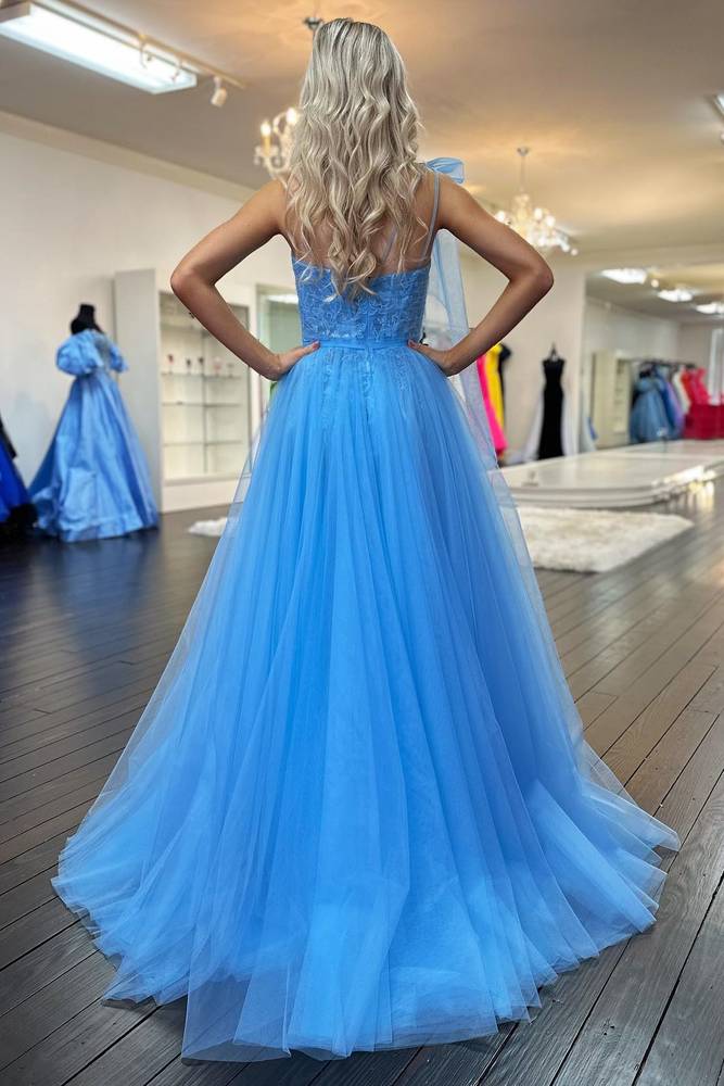 Whimsical A-Line One-Shoulder Sleeveless Bow-Detailed Slit Floor-Length Prom Dress