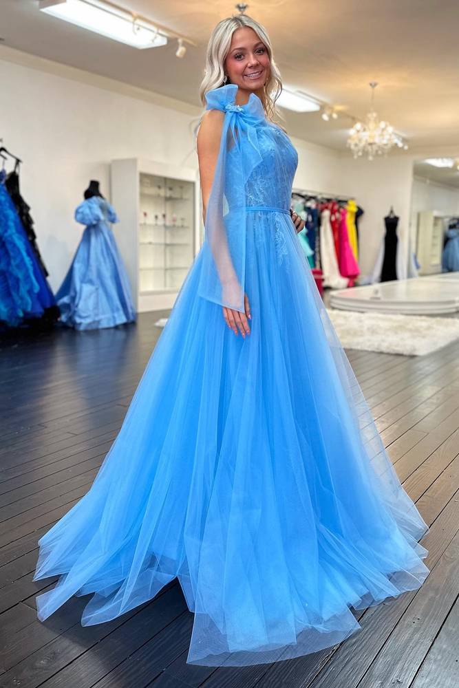 Whimsical A-Line One-Shoulder Sleeveless Bow-Detailed Slit Floor-Length Prom Dress