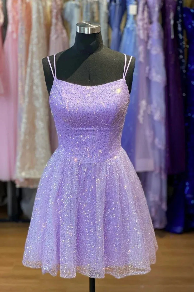 Whimsical A-Line Square-Neck Double-Strap Glitter Mesh Mini Homecoming Dress