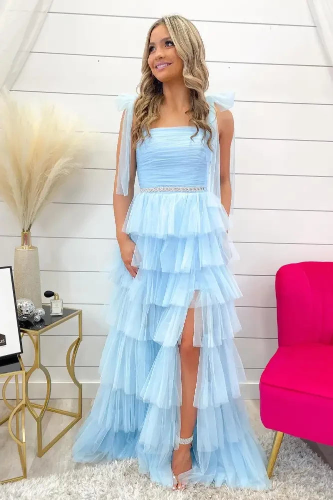 Whimsical A-Line Straight Neck Spaghetti Straps Lace Up Back Slit Floor Length Prom Dress