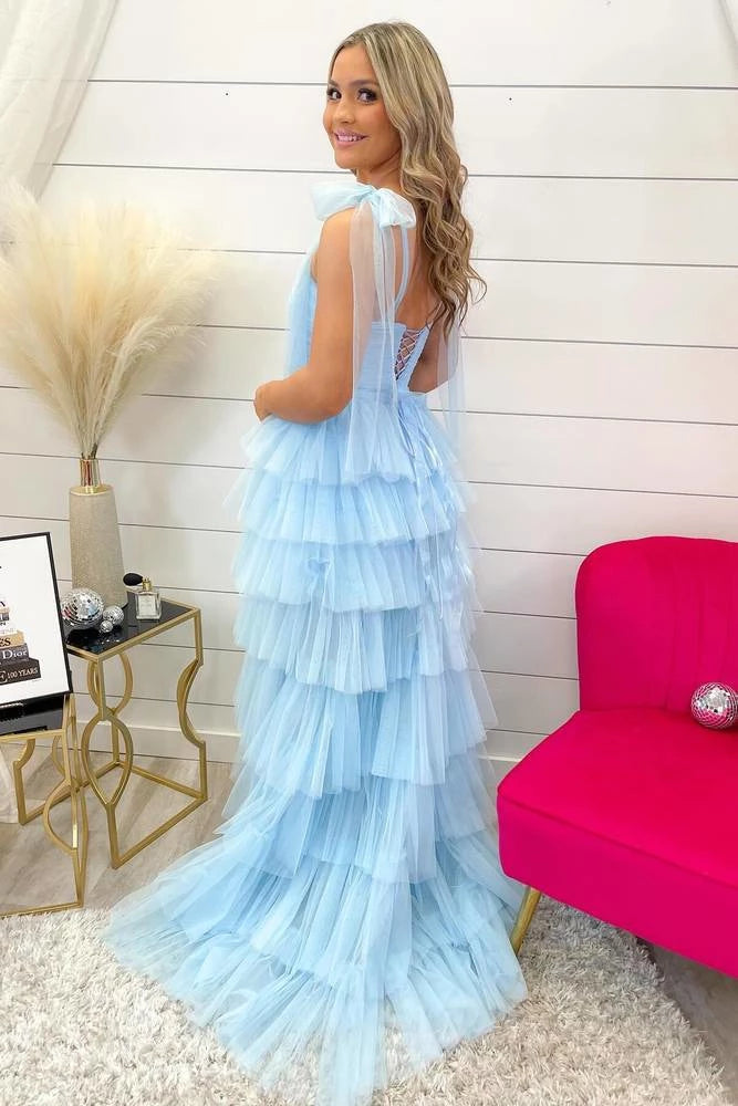 Whimsical A-Line Straight Neck Spaghetti Straps Lace Up Back Slit Floor Length Prom Dress