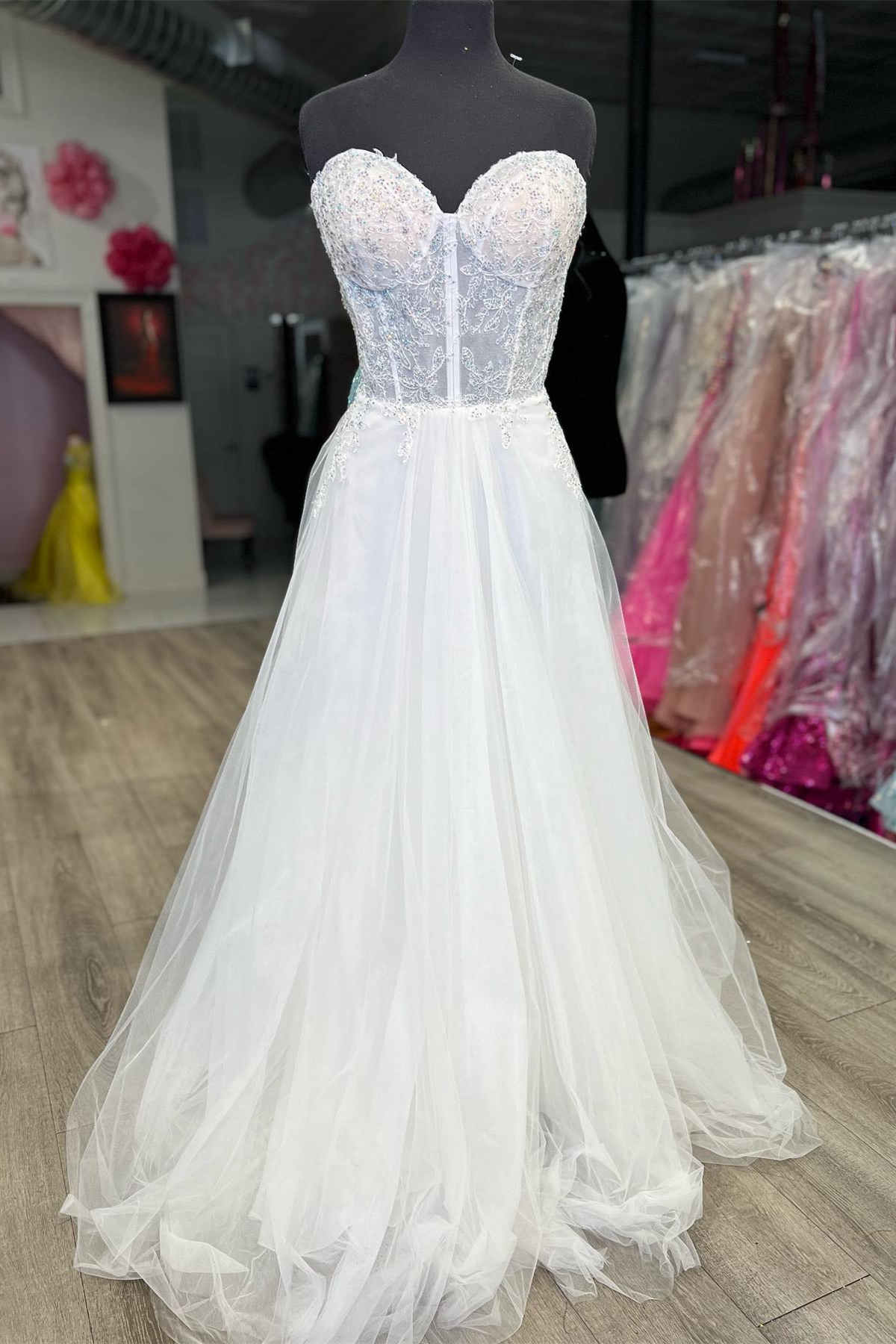 Whimsical A-Line Strapless Sweetheart Beaded Corset Floor-Length Prom Dress