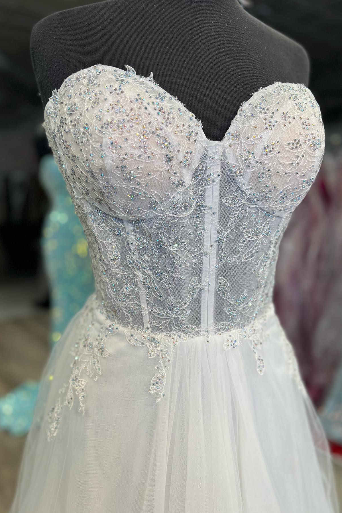 Whimsical A-Line Strapless Sweetheart Beaded Corset Floor-Length Prom Dress