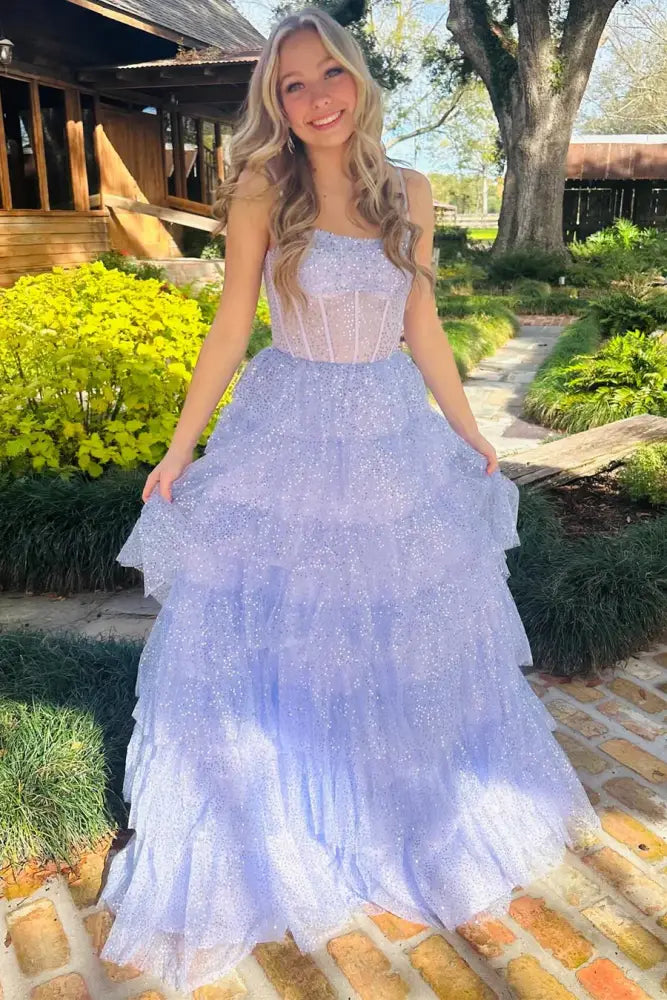 Whimsical A-Line Sweetheart Spaghetti Straps Open Back Tiered Floor Length Prom Dress