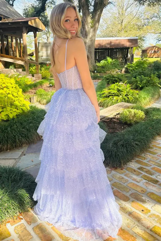 Whimsical A-Line Sweetheart Spaghetti Straps Open Back Tiered Floor Length Prom Dress