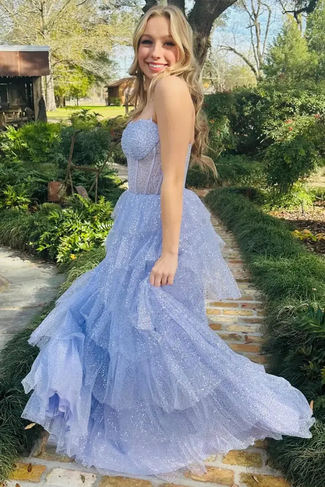 Whimsical A-Line Sweetheart Spaghetti Straps Open Back Tiered Floor Length Prom Dress