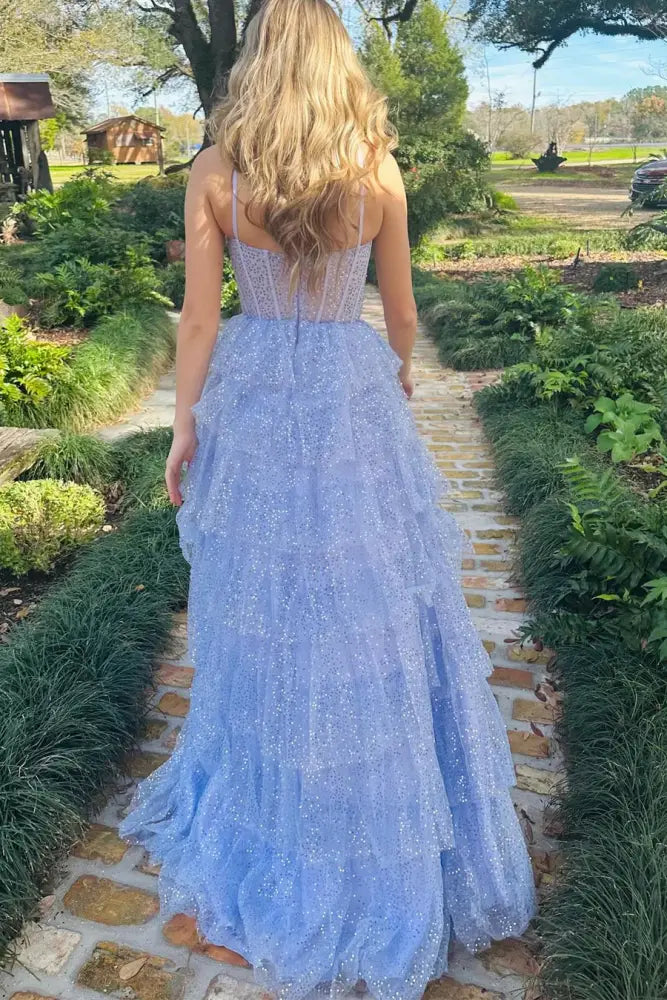 Whimsical A-Line Sweetheart Spaghetti Straps Open Back Tiered Floor Length Prom Dress