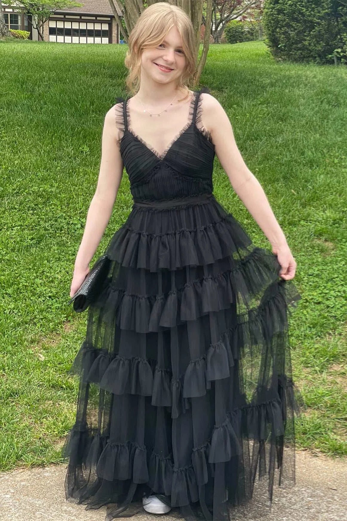 Whimsical A-Line V-Neck Ruffle-Strap Multi-Tiered Tulle Floor-Length Prom Dress