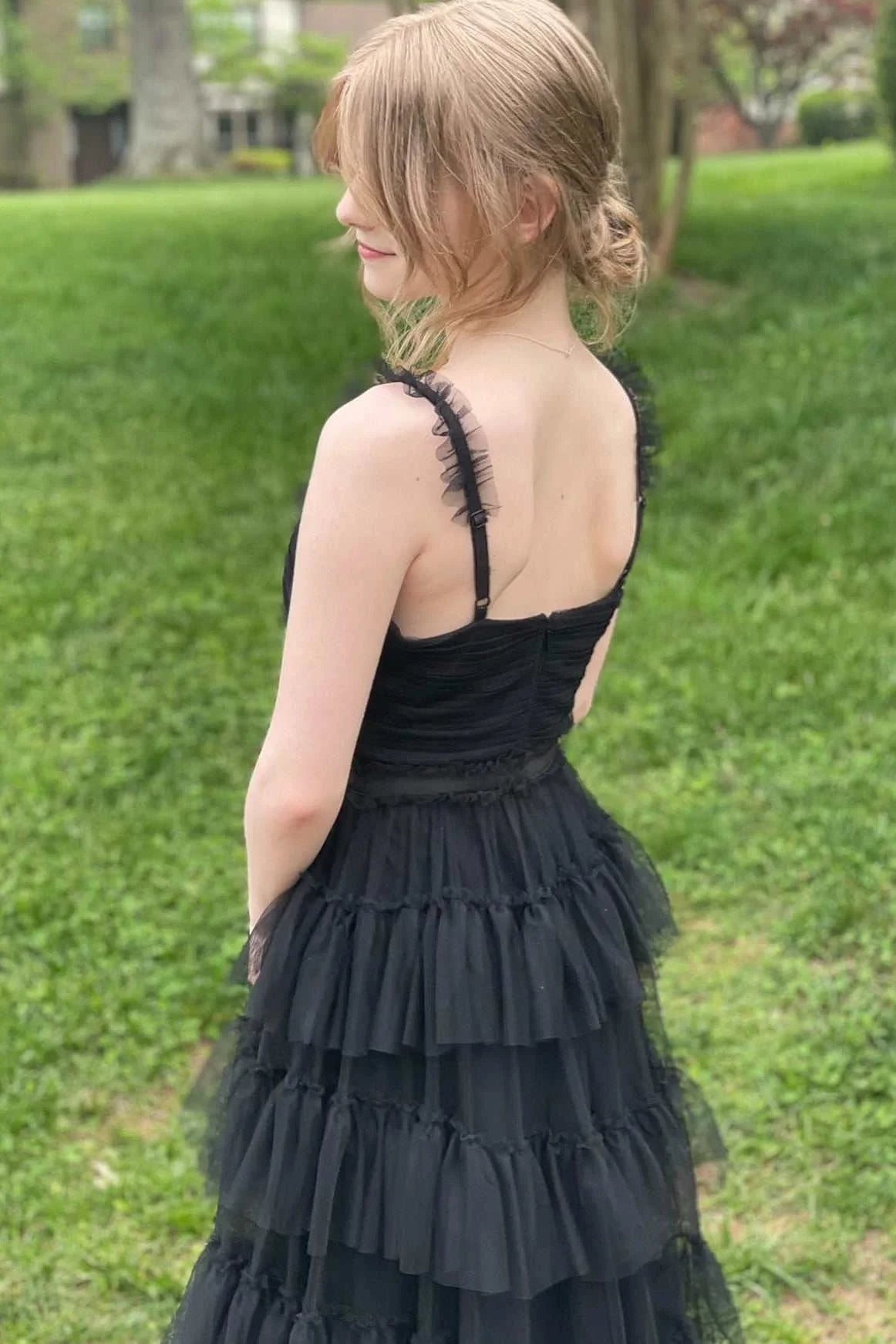 Whimsical A-Line V-Neck Ruffle-Strap Multi-Tiered Tulle Floor-Length Prom Dress