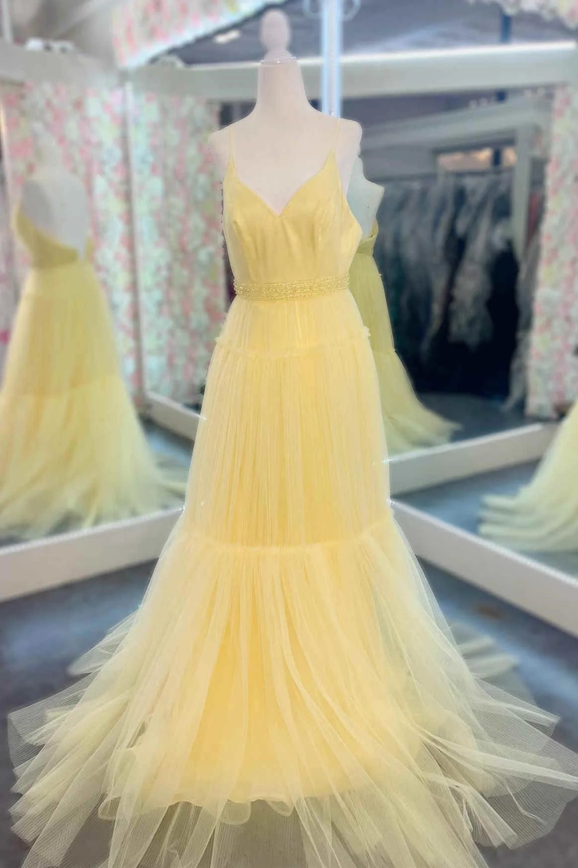 Whimsical A-Line V-Neck Spaghetti-Strap Beaded-Waist Multi-Tier Tulle Floor-Length Prom Dress