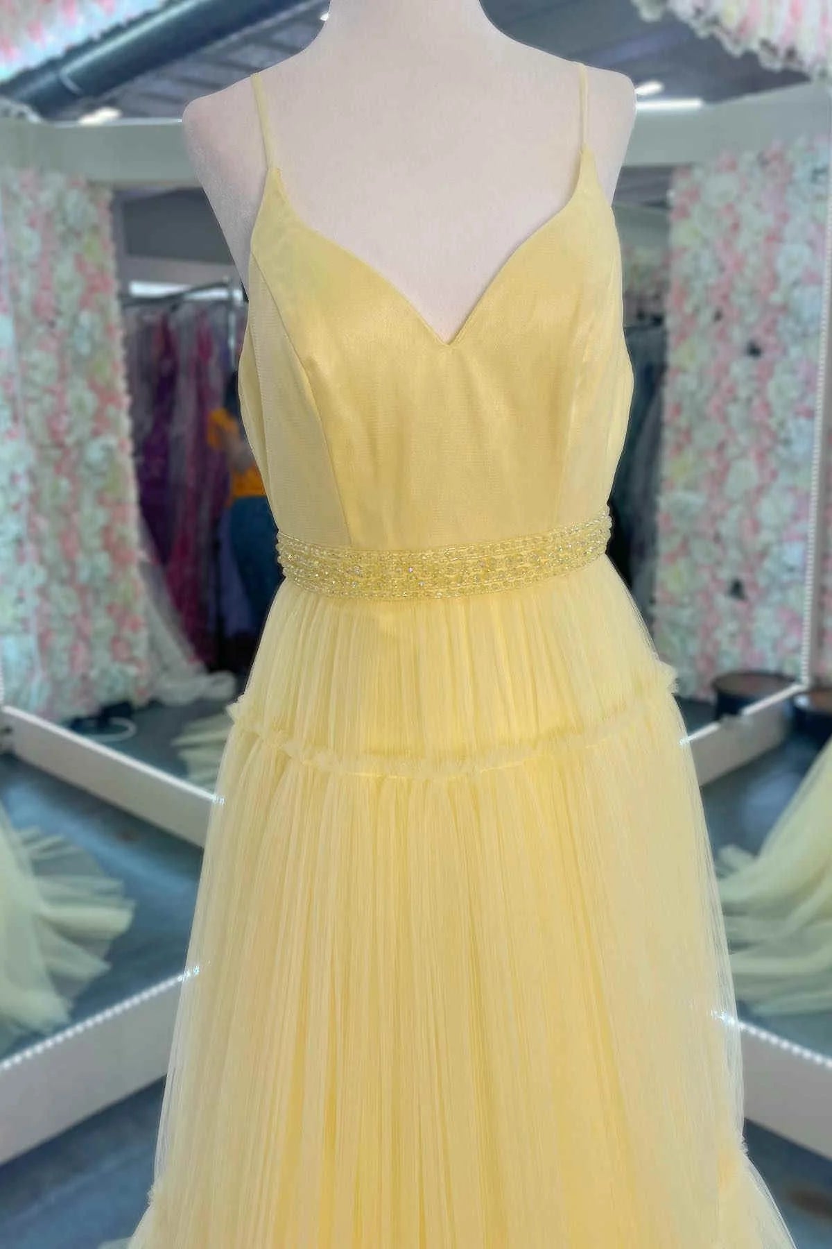 Whimsical A-Line V-Neck Spaghetti-Strap Beaded-Waist Multi-Tier Tulle Floor-Length Prom Dress
