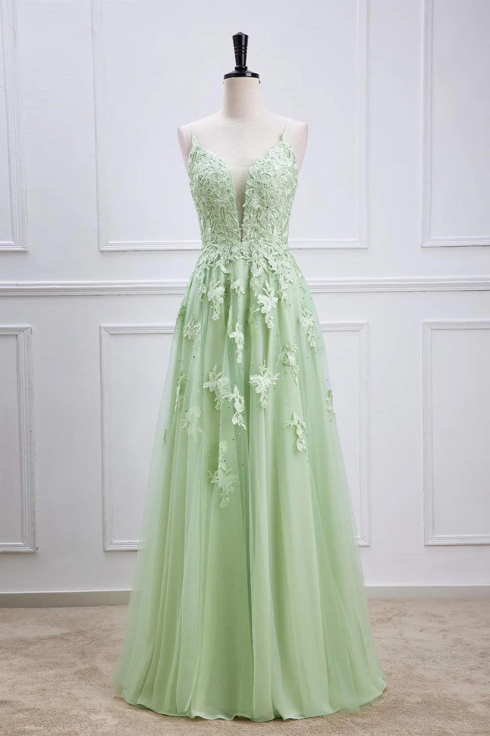 Whimsical A-Line V-Neck Spaghetti-Strap Lace-Up-Back Floral-Appliqué Floor-Length Prom Dress