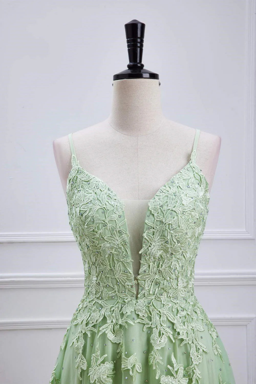 Whimsical A-Line V-Neck Spaghetti-Strap Lace-Up-Back Floral-Appliqué Floor-Length Prom Dress