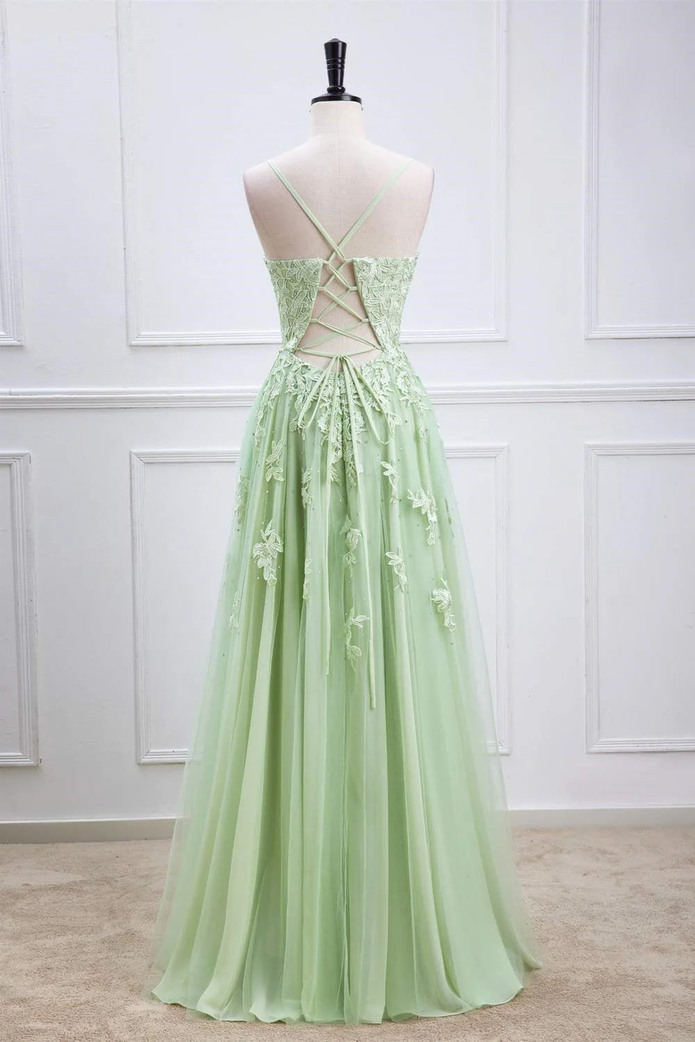 Whimsical A-Line V-Neck Spaghetti-Strap Lace-Up-Back Floral-Appliqué Floor-Length Prom Dress