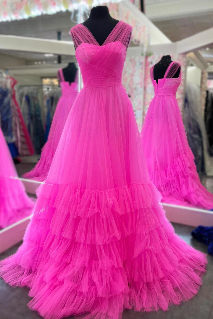 Whimsical A-Line V-Neck Tiered Tulle Floor-Length Prom Dress