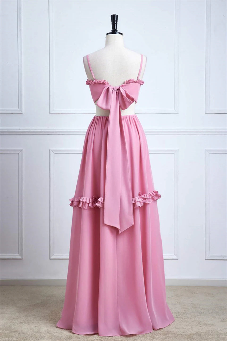 Whimsical Two-Piece A-Line Straight-Neck Spaghetti-Strap Bow-Back Floor-Length Prom Dress