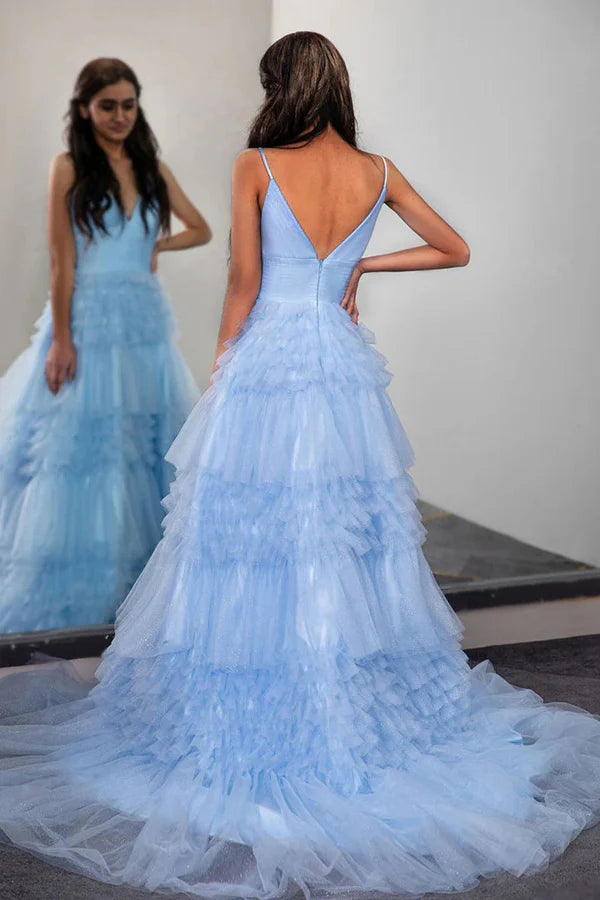 Whimsical glitter tulle a line spaghetti strap V neck floor length prom dress with ruffled tiered skirt and train