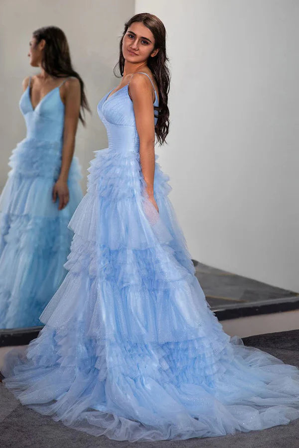 Whimsical glitter tulle a line spaghetti strap V neck floor length prom dress with ruffled tiered skirt and train