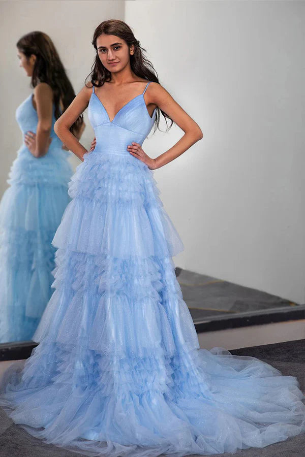Whimsical glitter tulle a line spaghetti strap V neck floor length prom dress with ruffled tiered skirt and train
