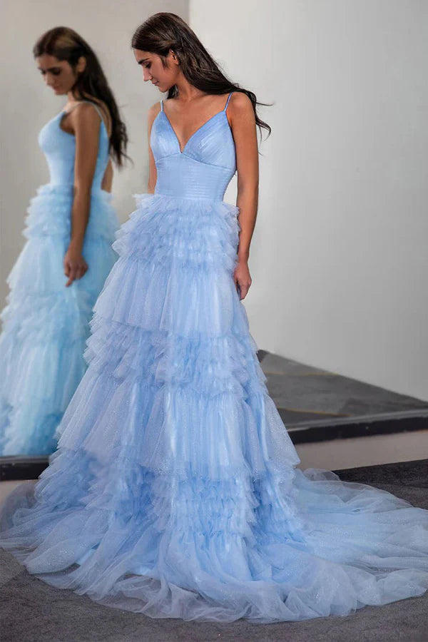 Whimsical glitter tulle a line spaghetti strap V neck floor length prom dress with ruffled tiered skirt and train
