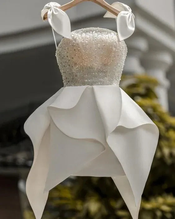 White Bow Spaghetti Strap Beaded Bodice Asym Ruffle Mini Homecoming Dress