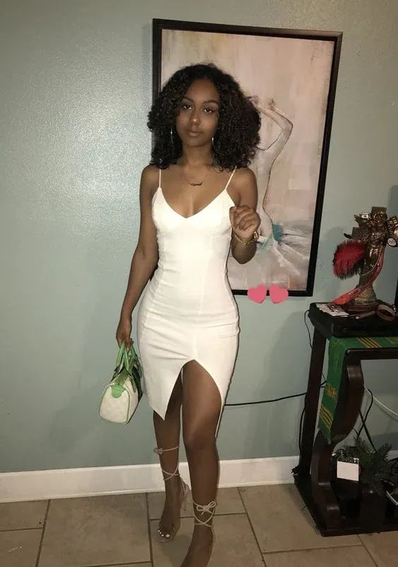 White Spaghetti Strap V Neck Bodycon Front Slit Mini Homecoming Dress