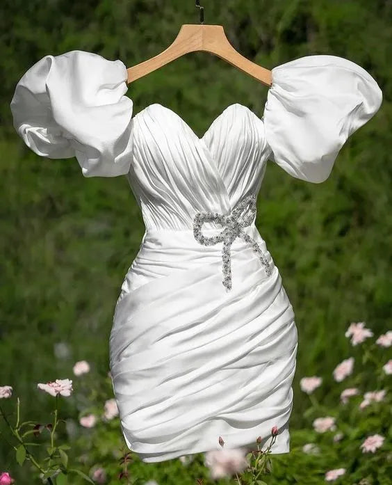 White Sweetheart Puff Sleeve Ruched Crystal Bow Mini Homecoming Dress