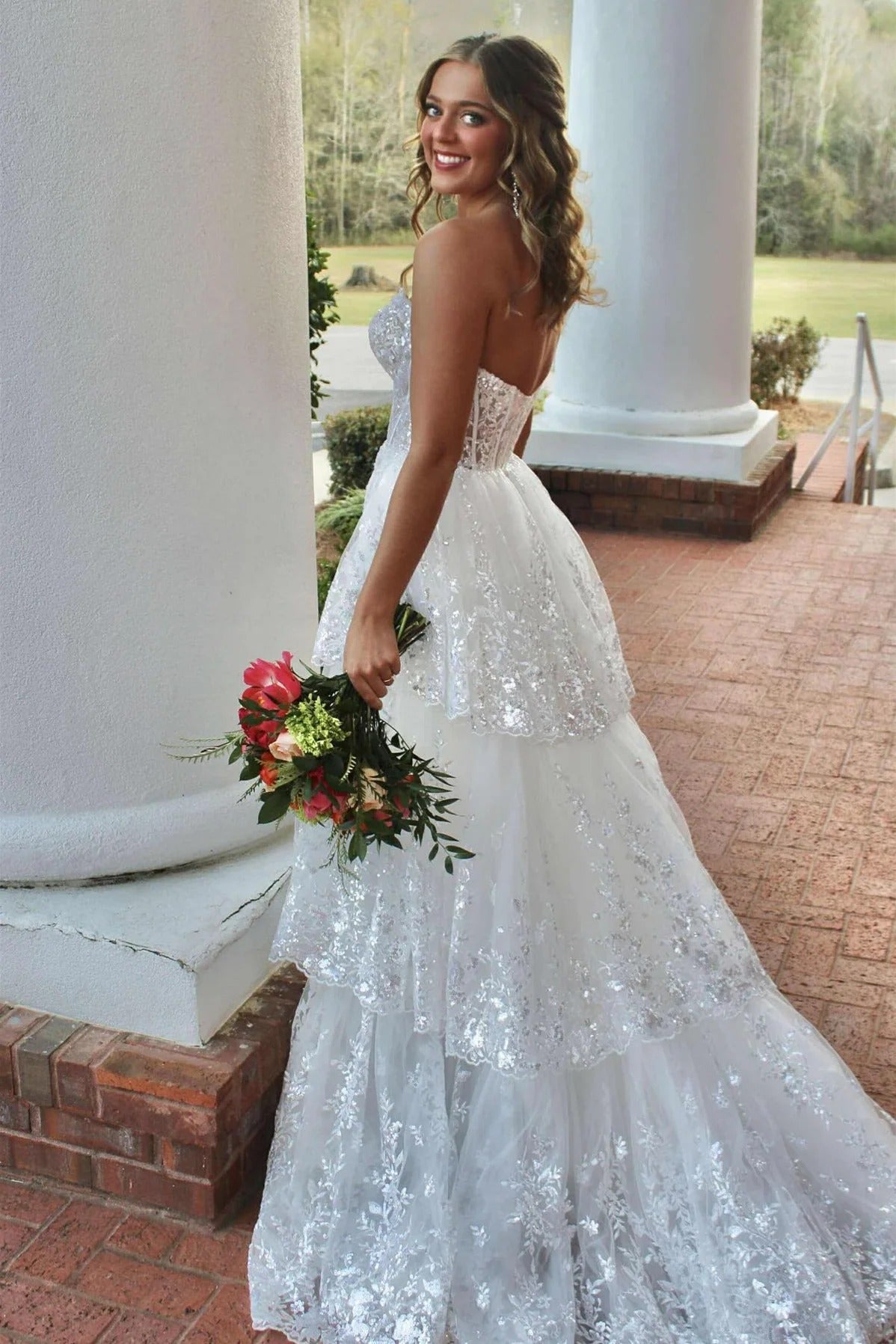 White Lace Strapless Corset Mermaid Wedding Gown with High Slit & Train