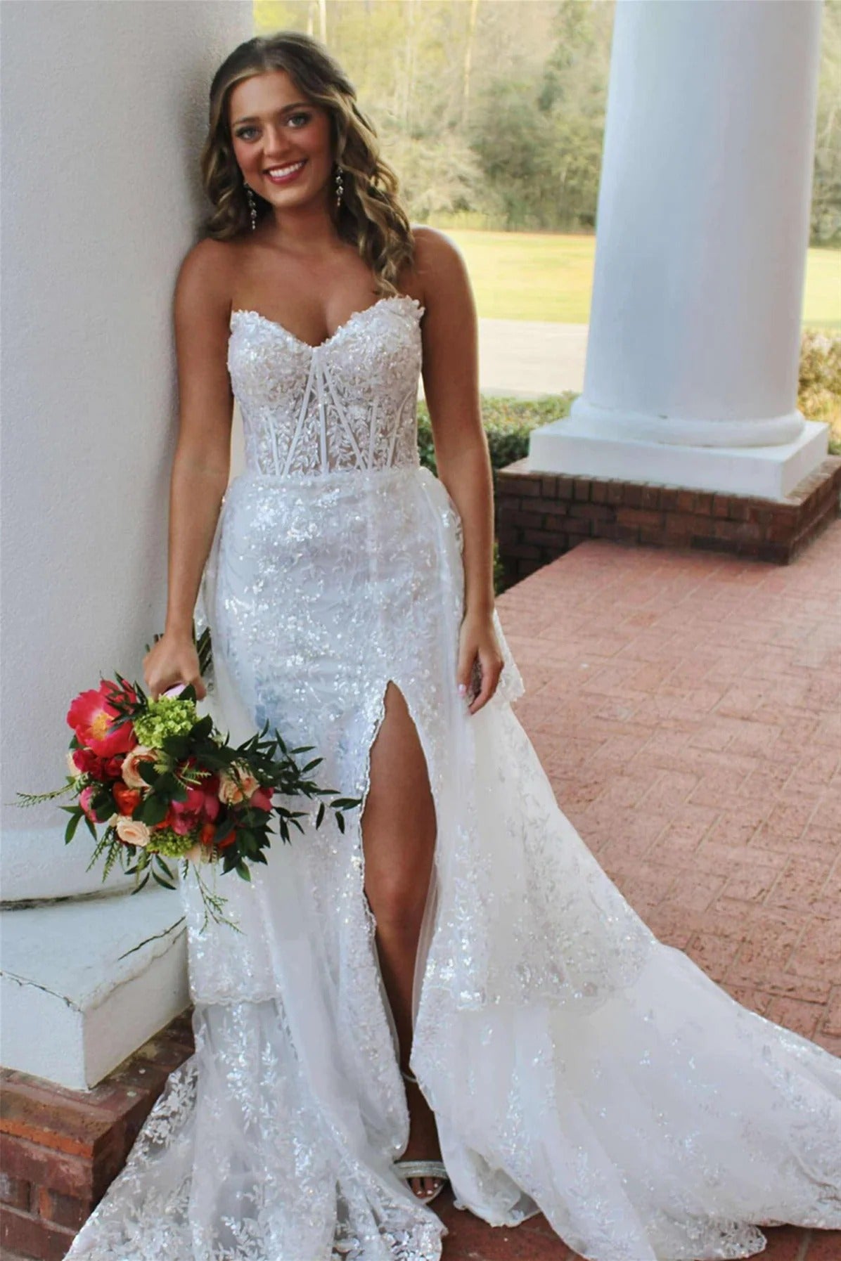 White Lace Strapless Corset Mermaid Wedding Gown with High Slit & Train