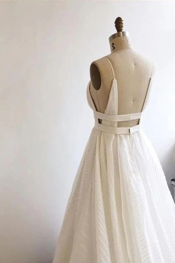 White Spaghetti Strap V-Neck Open Back Textured Tulle A-Line Maxi Gown with Train