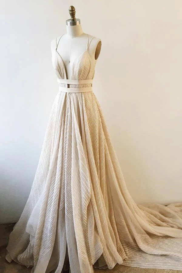 White Spaghetti Strap V-Neck Open Back Textured Tulle A-Line Maxi Gown with Train