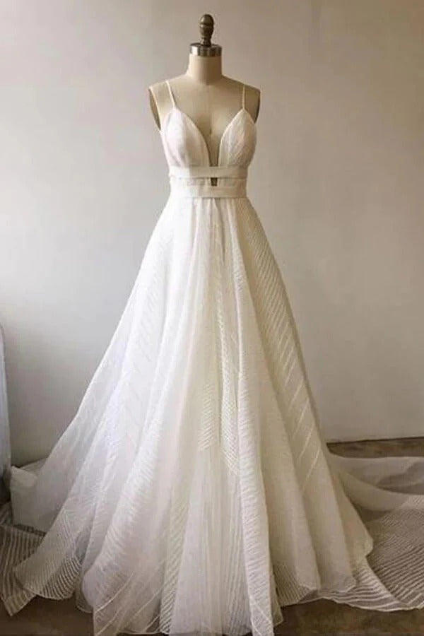 White Spaghetti Strap V-Neck Open Back Textured Tulle A-Line Maxi Gown with Train