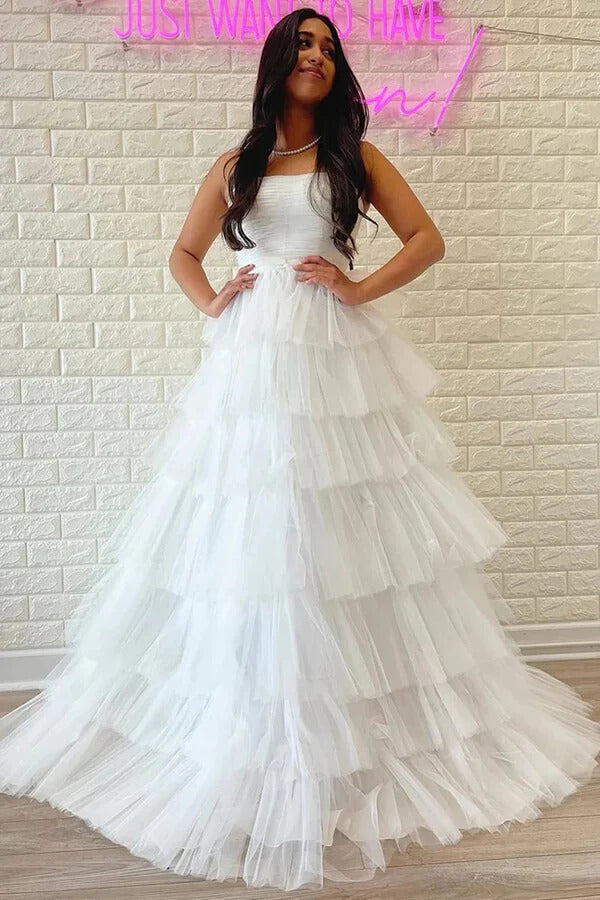 White Tiered Tulle Halter Backless Ball Gown – Modern Minimalist Wedding Dress