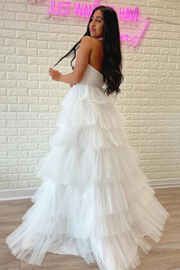 White Tiered Tulle Halter Backless Ball Gown – Modern Minimalist Wedding Dress