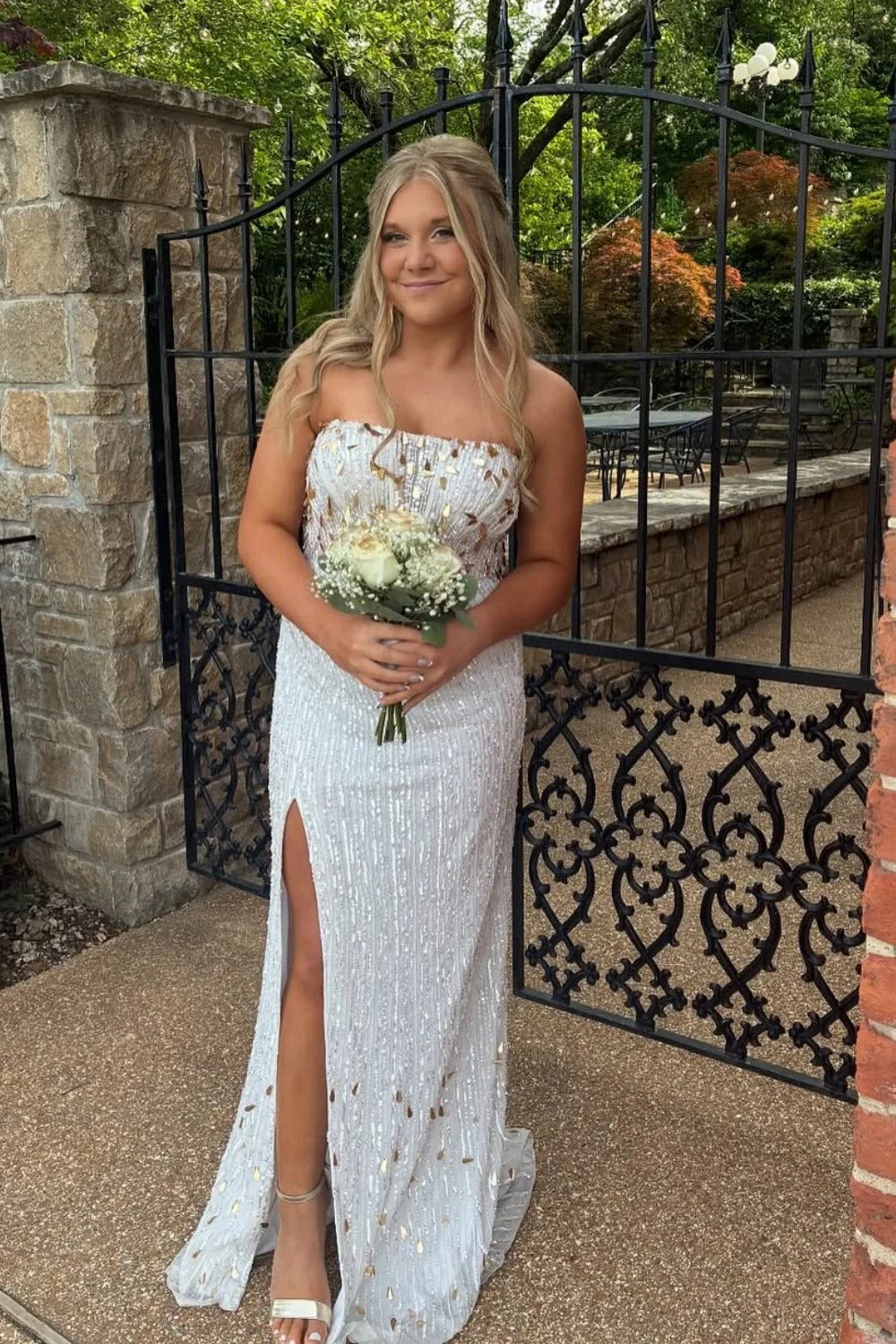 White & Gold Sequin Strapless High Slit Maxi Dress – Prom Formal Gown