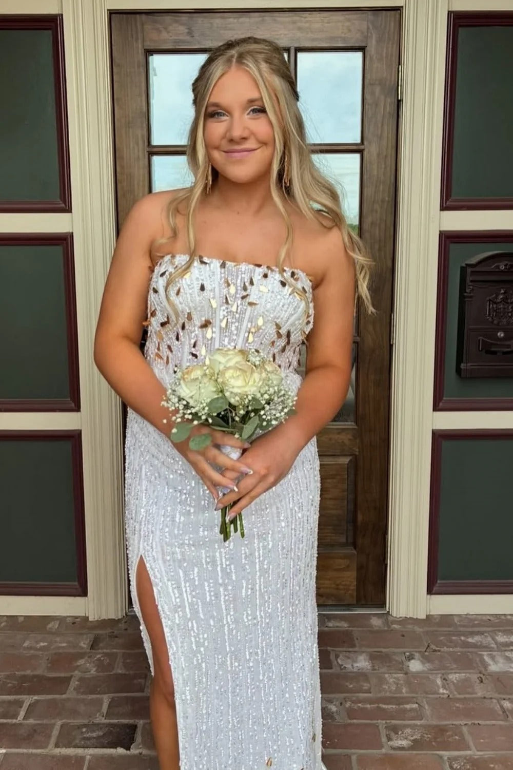 White & Gold Sequin Strapless High Slit Maxi Dress – Prom Formal Gown