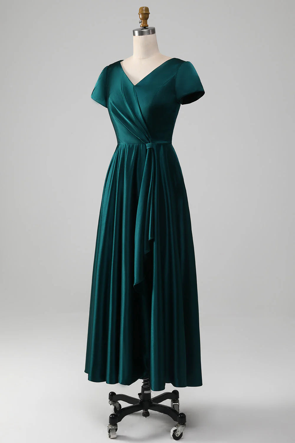 Pfauenblaues Satin-Kleid mit V-Ausschnitt und A-Linie, plissiert, für die Brautmutter