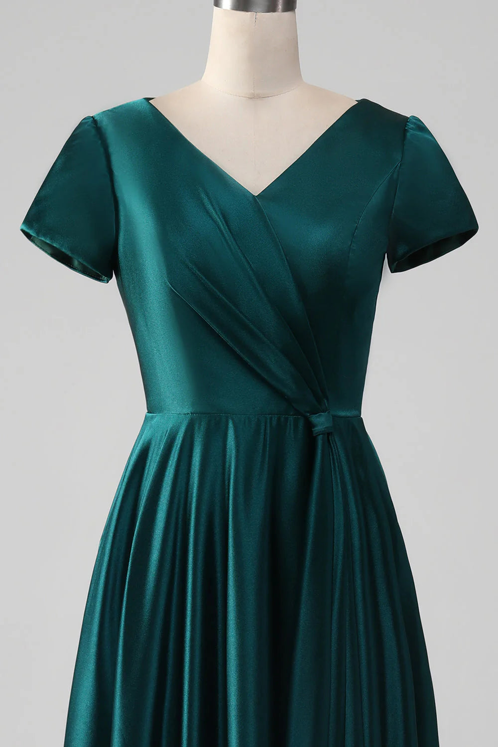 Pfauenblaues Satin-Kleid mit V-Ausschnitt und A-Linie, plissiert, für die Brautmutter