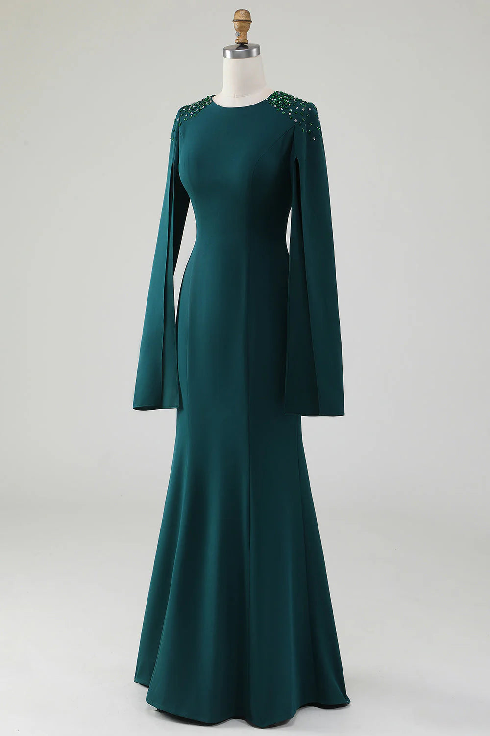 Dunkelgrünes Kleid mit Perlenbesatz und Cape-Ärmeln, Fischschwanz und Rundhalsausschnitt, Kleider für die Brautmutter