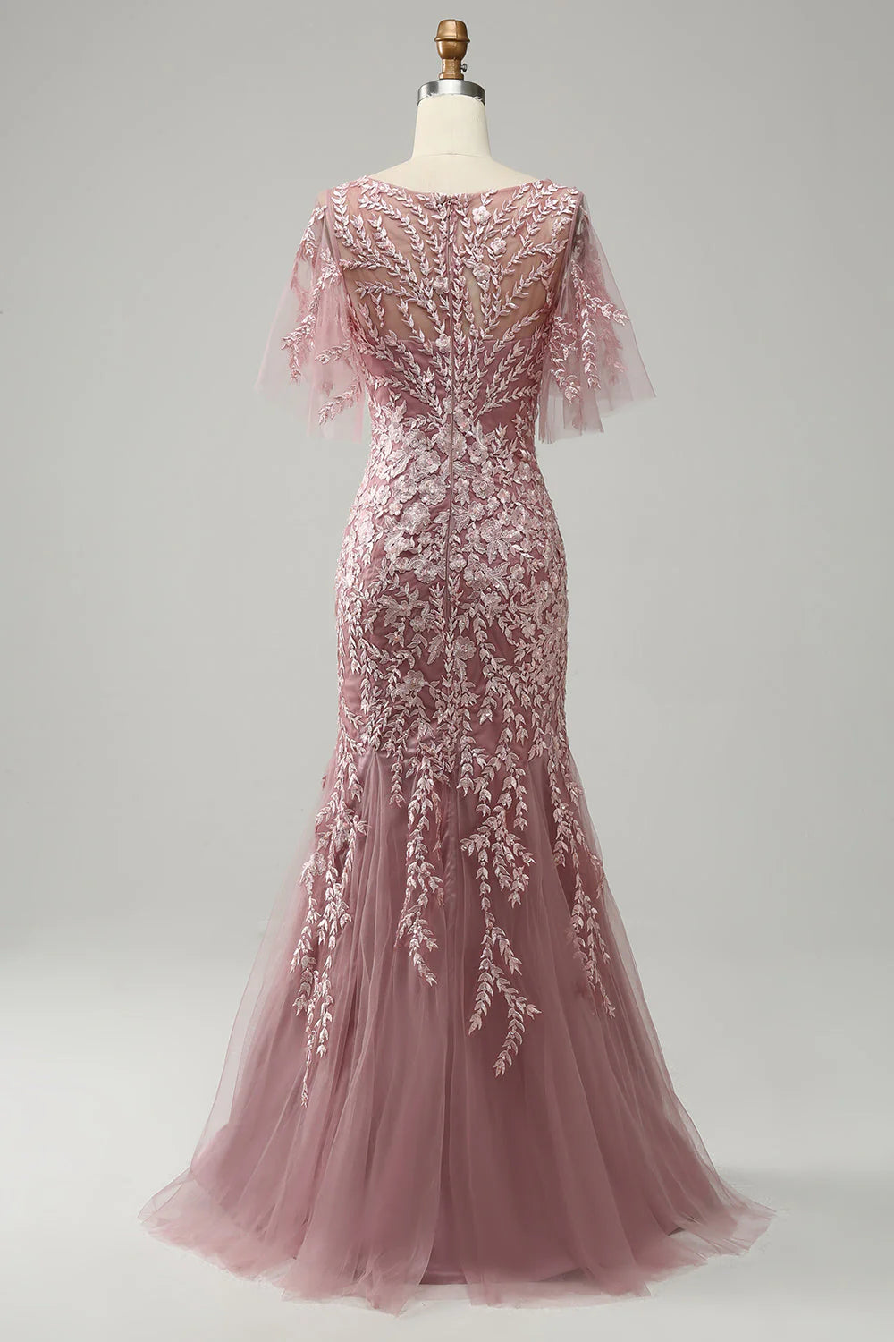 Robe de mère de la mariée en dentelle transparente gris-rose en queue de poisson