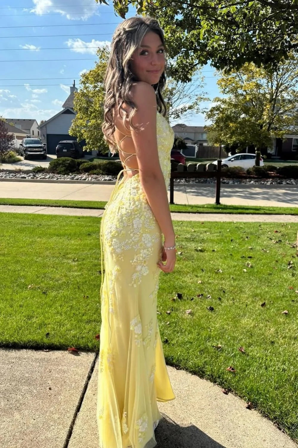 Yellow Floral Lace Mermaid Gown – Lace-Up Back Prom Dress with Slit