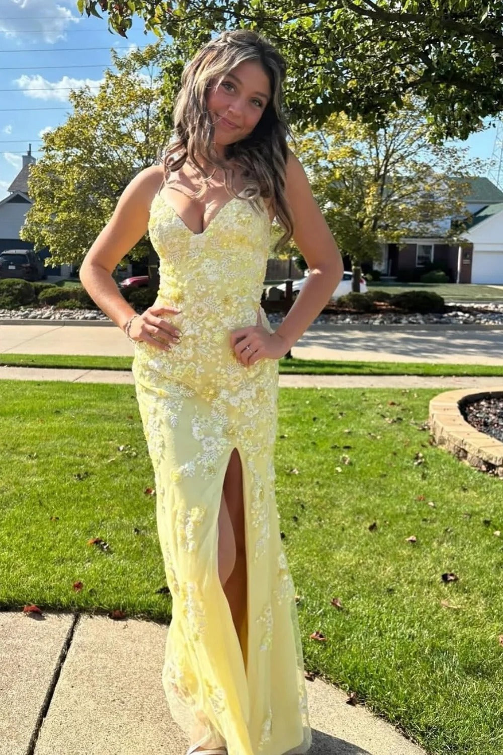 Yellow Floral Lace Mermaid Gown – Lace-Up Back Prom Dress with Slit
