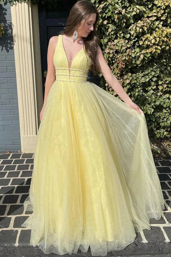 Yellow Glitter Tulle V-Neck Ball Gown with Pearl Beading