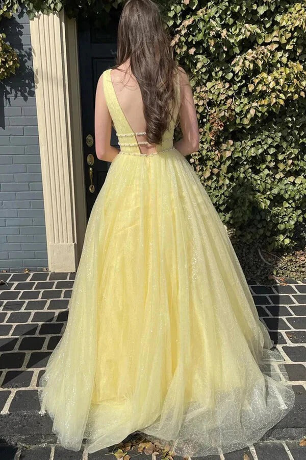 Yellow Glitter Tulle V-Neck Ball Gown with Pearl Beading