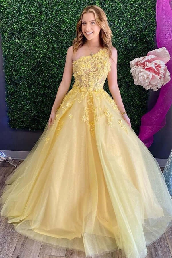 Yellow One-Shoulder 3D Floral Lace Tulle Ball Gown with Lace-Up Back