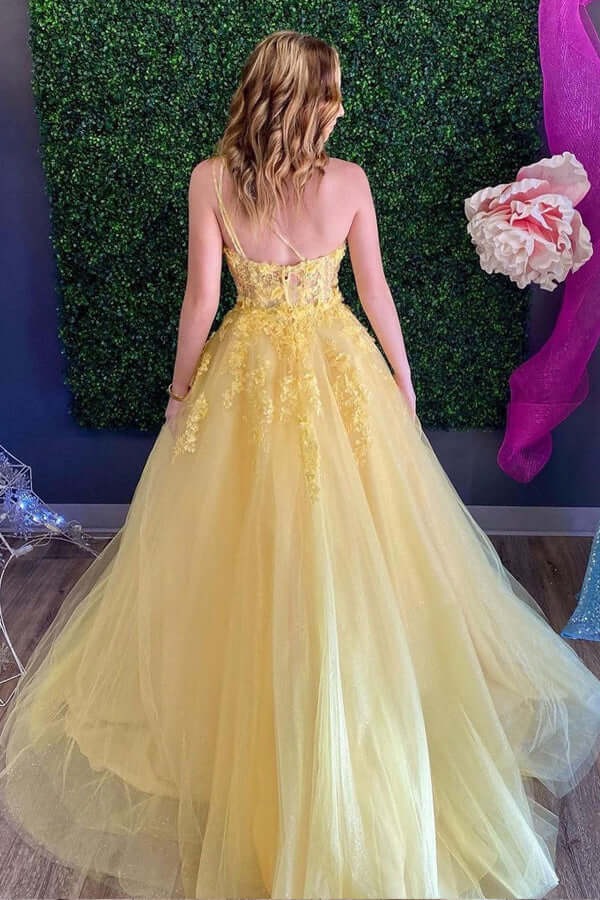 Yellow One-Shoulder 3D Floral Lace Tulle Ball Gown with Lace-Up Back